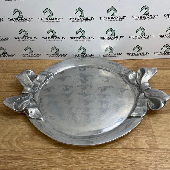 Unbranded Other - Silver Pewter Bow Handle Serving Tray Round Platter Made in Mexico 17.5 Inch
